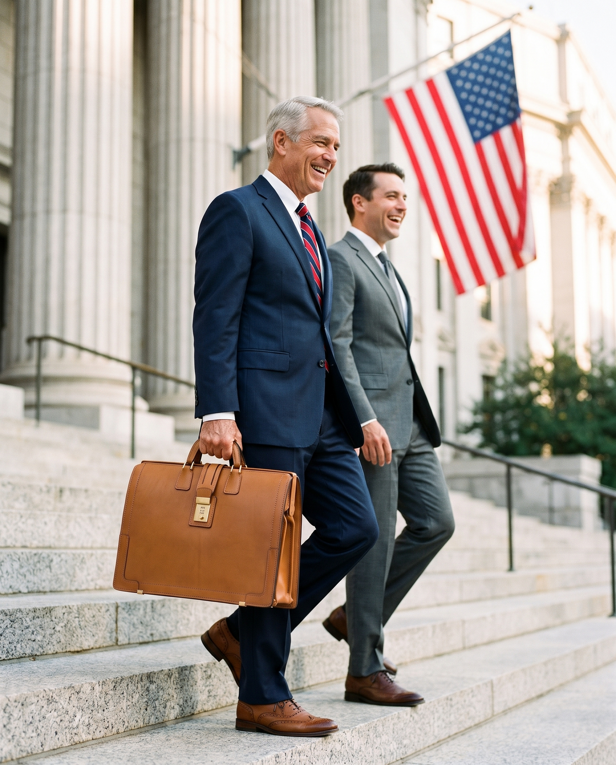 Churchill Classic Briefcase in tan, carried down the steps of a federal courthouse by a seasoned American trial lawyer and his client