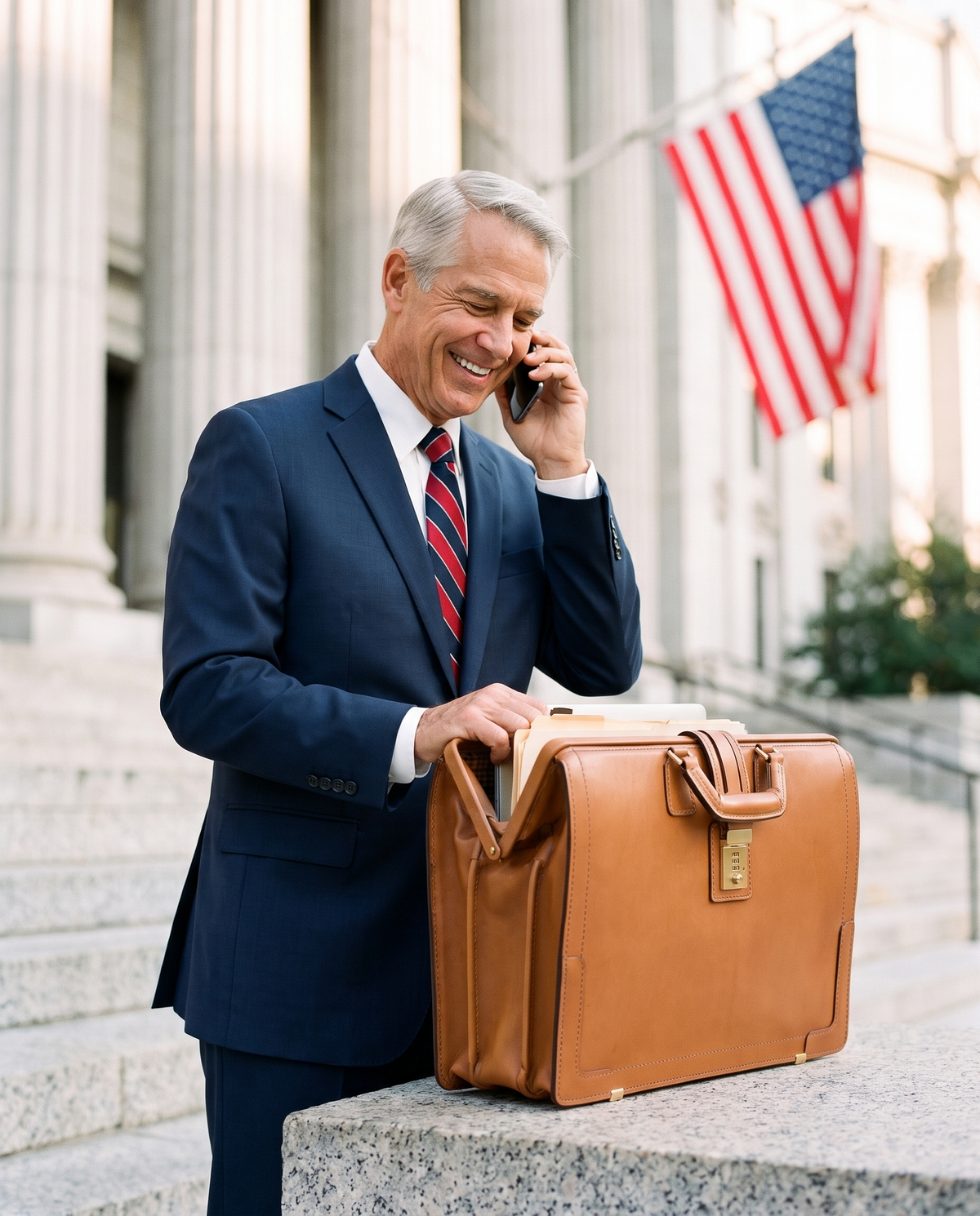 Churchill Classic Briefcase in tan with its Hinge-Loc frame top standing open, opened one-handed on a courthouse ledge