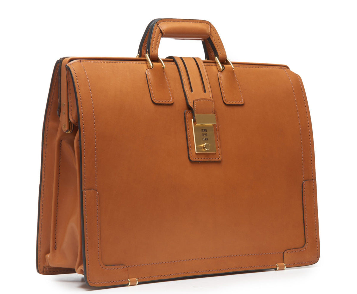 Churchill Classic Briefcase in tan full-grain leather — open view