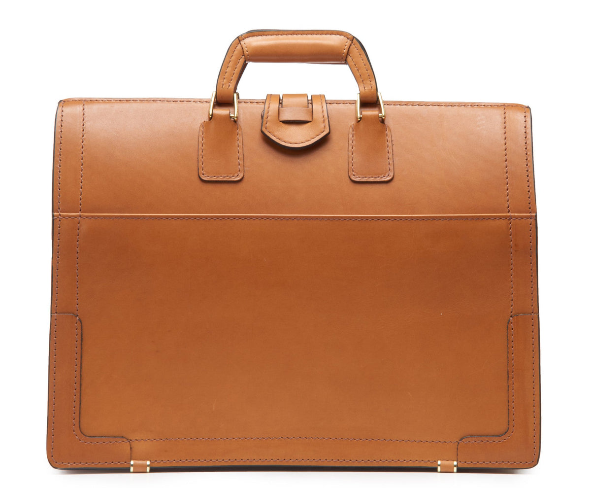 Churchill Classic Briefcase in tan full-grain leather — angle view