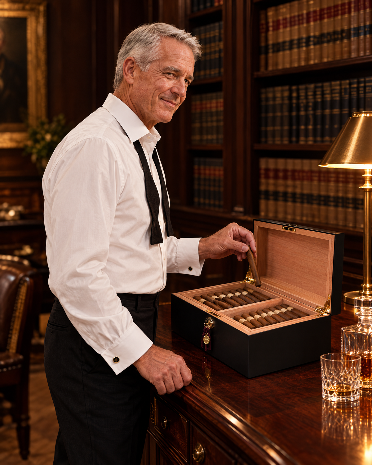 Daniel Marshall Ambiente 65 humidor in black matte open on a study credenza late at night, a seasoned lawyer with his bow tie undone lifting a cigar from the back row after the verdict
