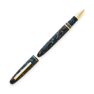 Esterbrook Estie Rollerball in Nouveau Bleu uncapped, the cap laid beside the barrel, showing the gold-tone rollerball tip, the gold section rings and the flat gold clip