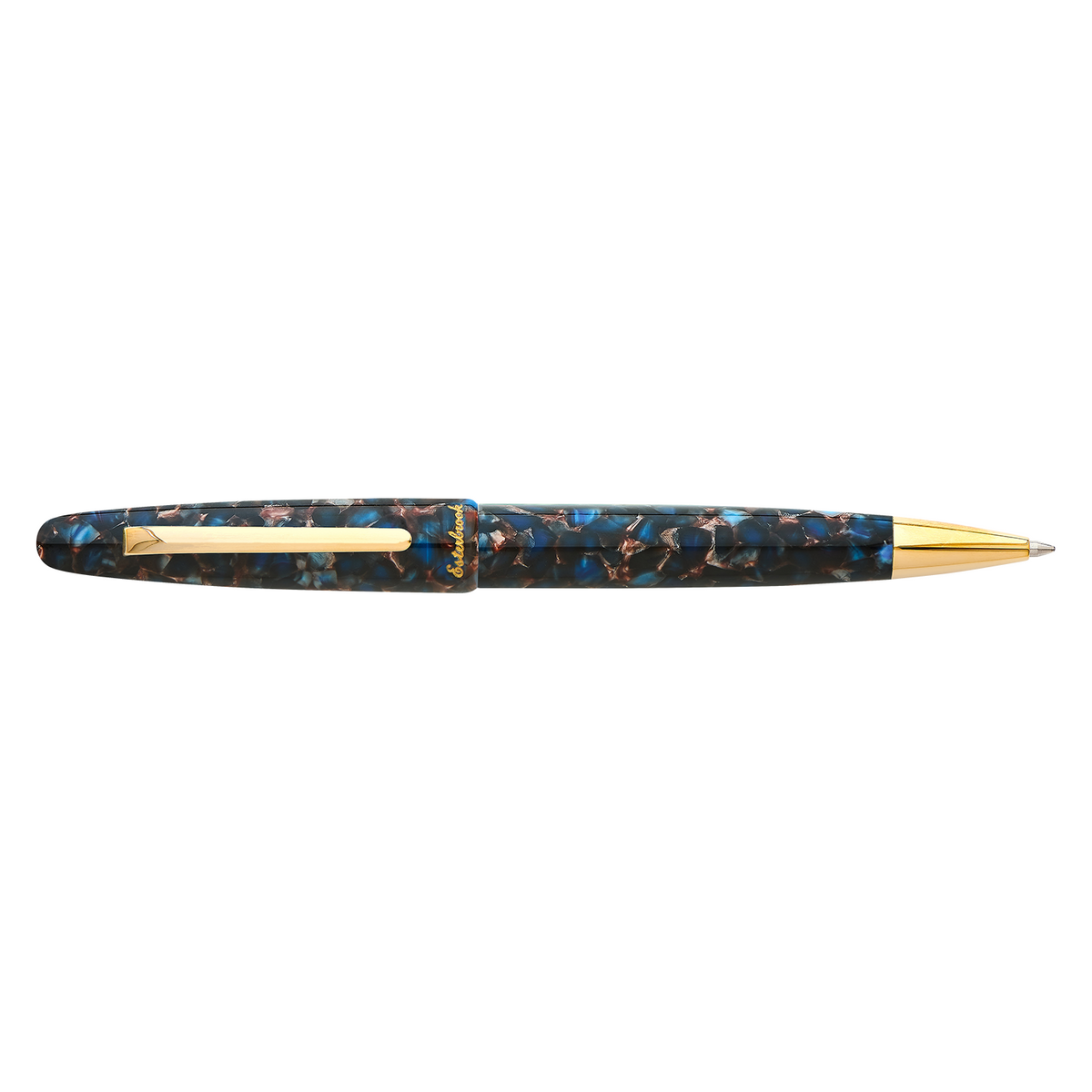 Esterbrook Estie ballpoint in Nouveau Bleu with gold trim, uncapped with the cap posted on the back of the barrel, showing the gold ballpoint cone and the flat gold clip