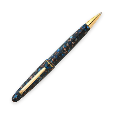 Esterbrook Estie ballpoint in Nouveau Bleu with gold trim, uncapped with the cap posted on the back of the barrel, showing the gold ballpoint cone and the flat gold clip