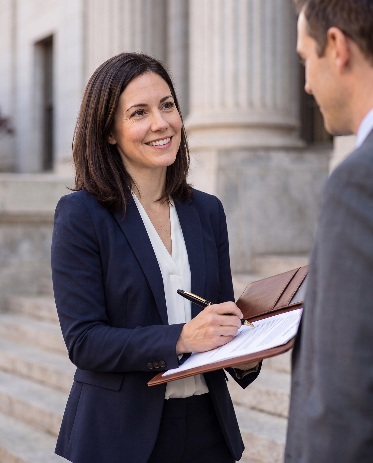 Esterbrook Estie Ballpoint — Ebony & Gold: a woman lawyer signs a document against a leather folder on the courthouse steps, smiling at her client