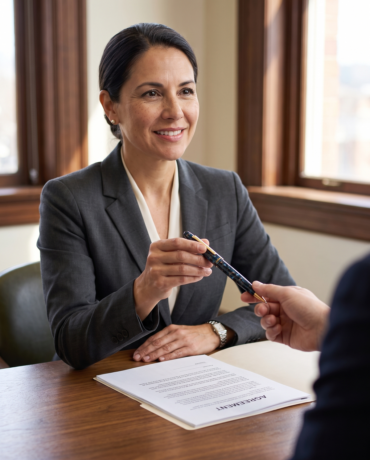 Esterbrook Estie Ballpoint — Nouveau Bleu & Gold: a woman lawyer in a charcoal suit hands the Estie ballpoint across the desk for her client to sign