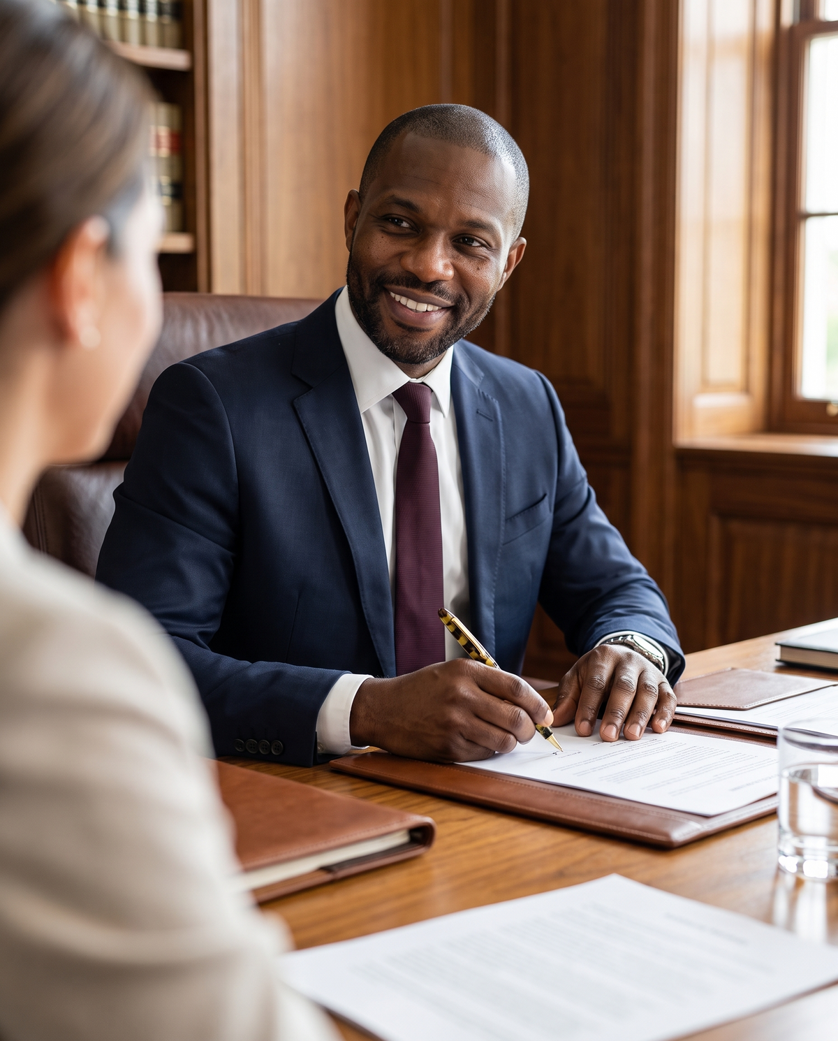 Esterbrook Estie Ballpoint — Tortoise & Gold: a lawyer in a navy suit signs a letter with the Tortoise Estie at his client's desk, looking up with a confident smile