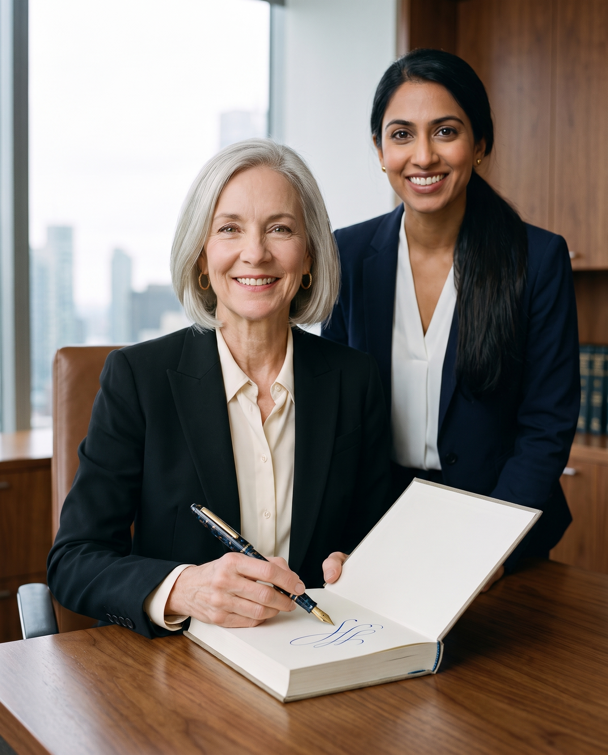 Esterbrook Estie Fountain Pen, 18K — Nouveau Bleu & Gold: a senior partner inscribes a book for a newly sworn-in associate standing beside her