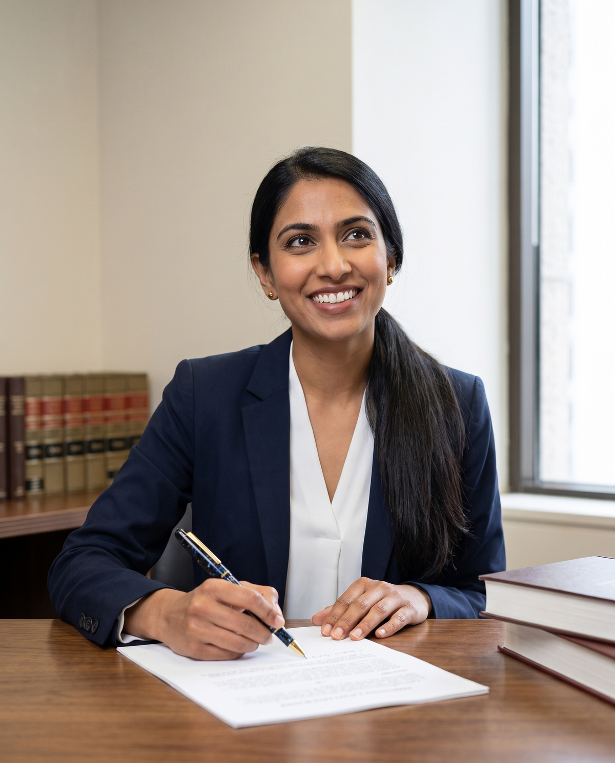 Esterbrook Estie Rollerball — Nouveau Bleu & Gold: a young woman lawyer marks up a draft brief at her desk with the Estie, looking up with a confident smile