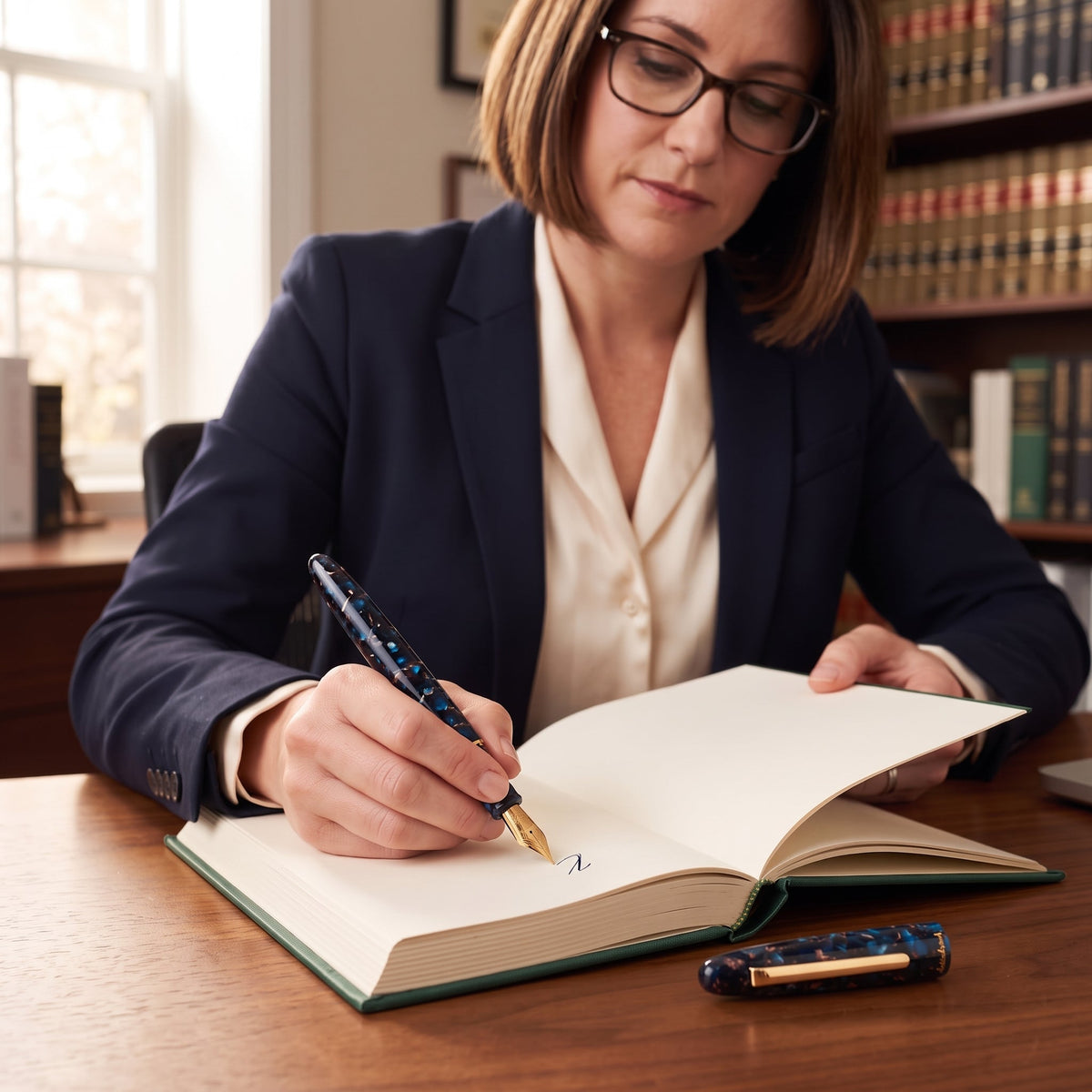 A woman attorney at her desk beginning an inscription on the blank flyleaf of a green cloth-bound book with the Esterbrook Estie fountain pen in Nouveau Bleu, the pen's cap resting on the desk beside her