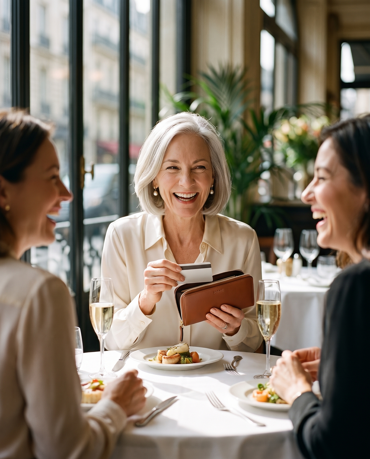 Excellent Women — Women's Leather Continental Wallet, cognac, at a celebratory lunch