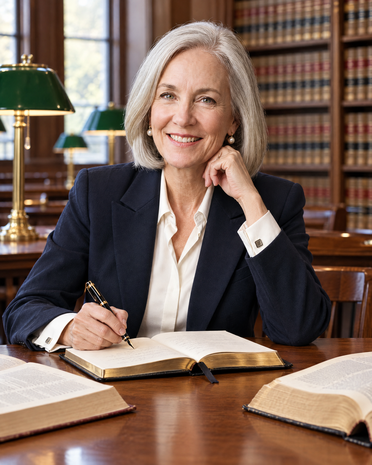 Large Leather Journal in Monhegan Black, open on a law-library table as a senior partner writes with a fountain pen