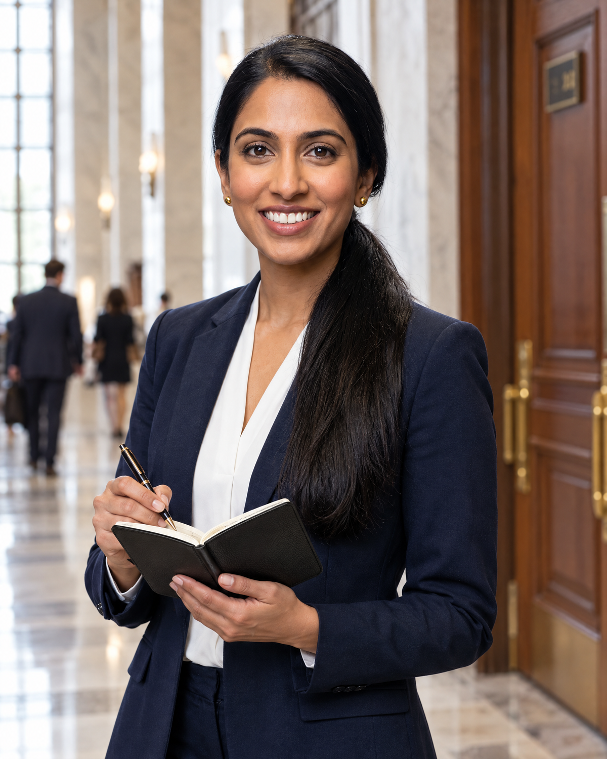 Pocket Weekly Leather Planner 2027 in Monhegan Black, held open by a litigator in a courthouse corridor as she notes the next date
