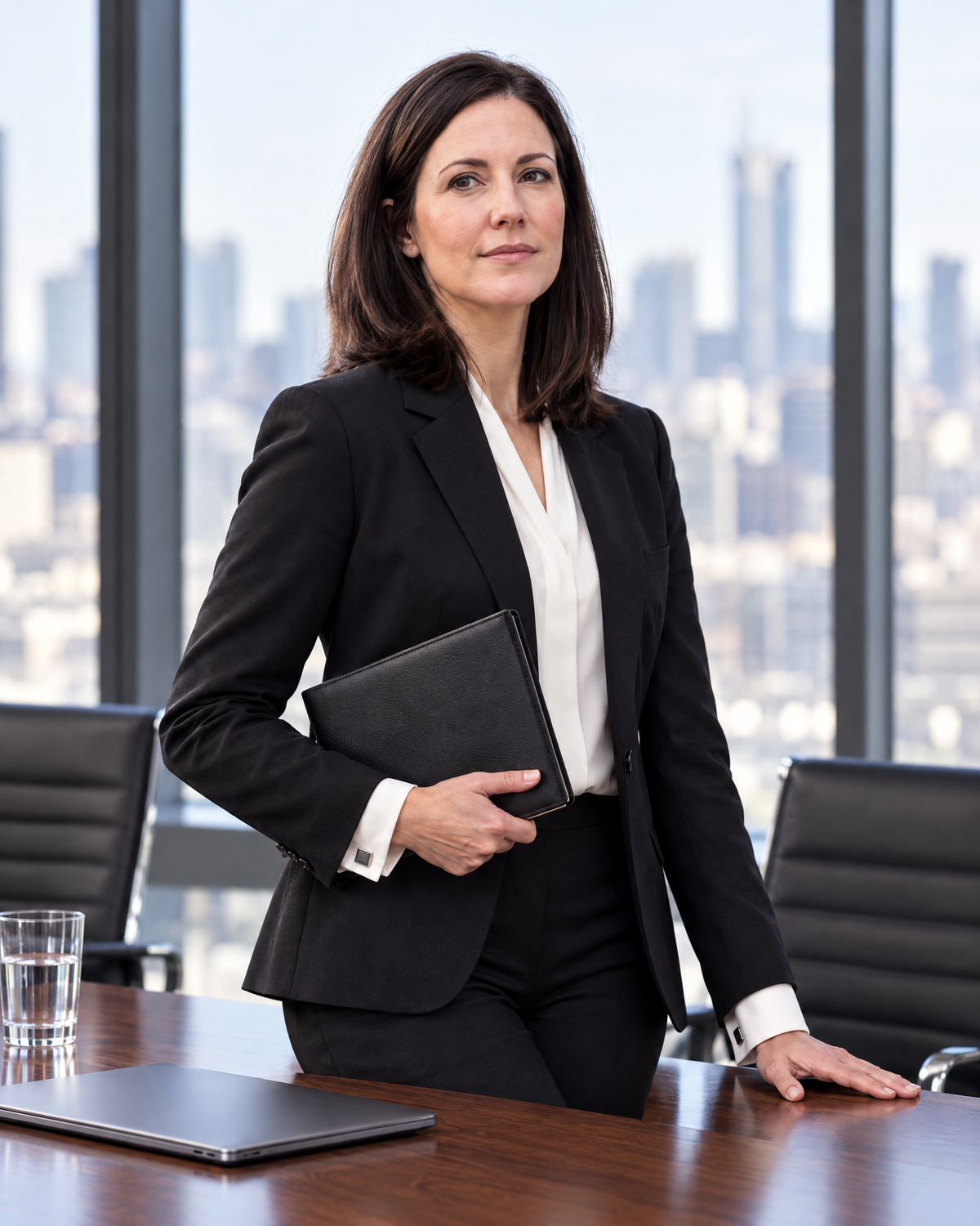 Professional Leather Planner 2027 in Monhegan Black, carried by a partner at the head of a law-firm conference table