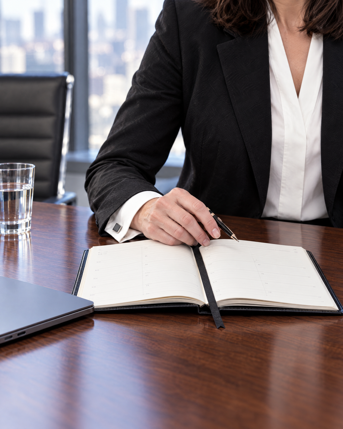 Professional Leather Planner 2027 in Monhegan Black, open to a weekly spread on a conference table beside a laptop