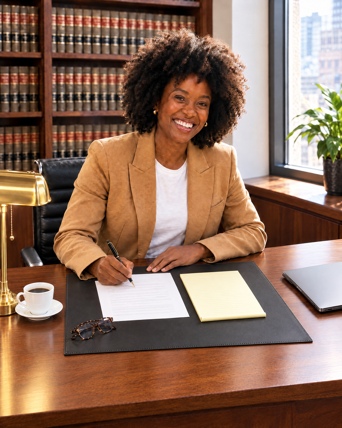 Carter Leather Desk Pad in black full-grain leather on a walnut partner's desk, a smiling attorney signing a document with a fountain pen, legal pad beside it