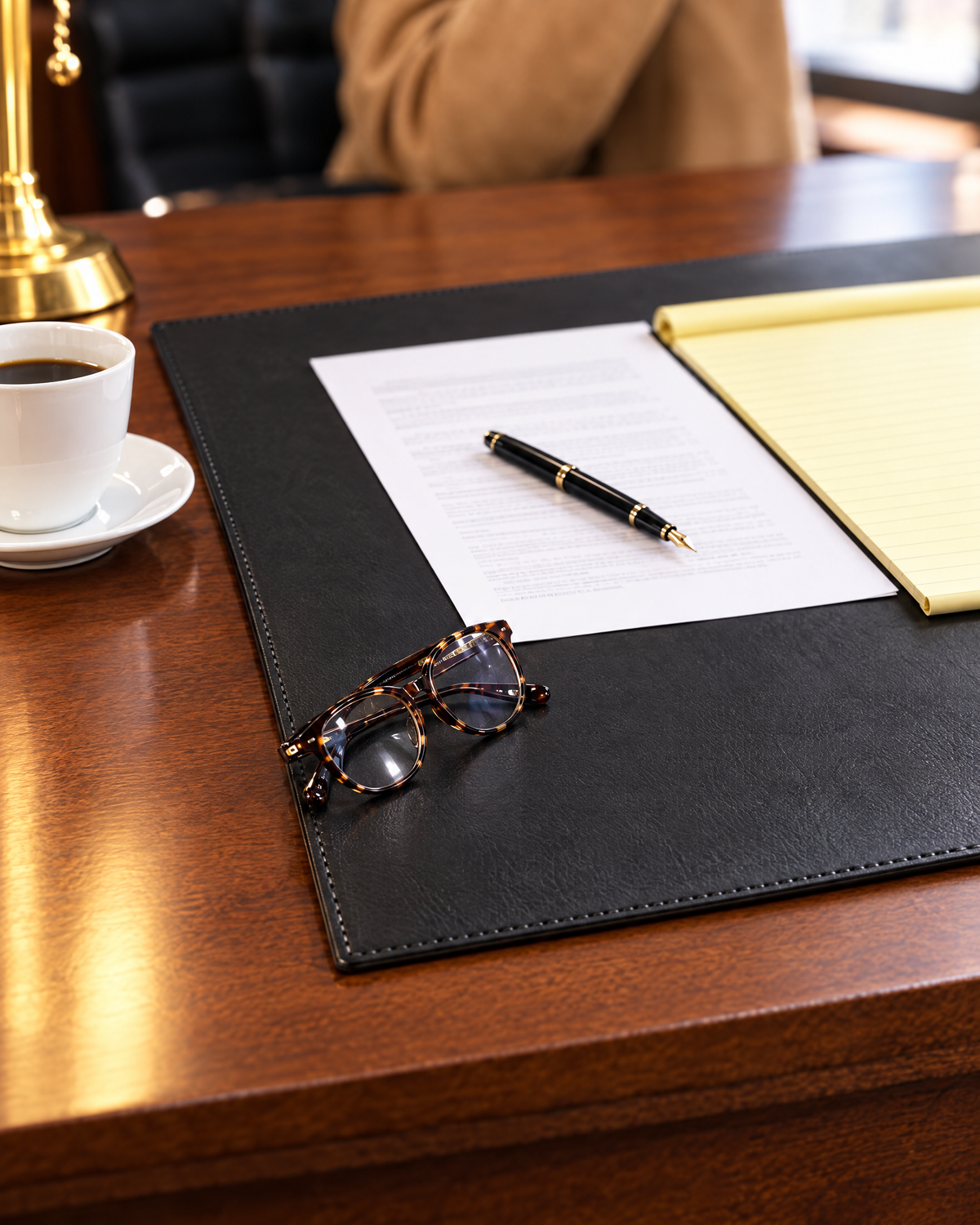 Carter Leather Desk Pad in black, close-up of the stitched edge and grain with a signed document, fountain pen, legal pad and reading glasses, coffee on the walnut desk beside it