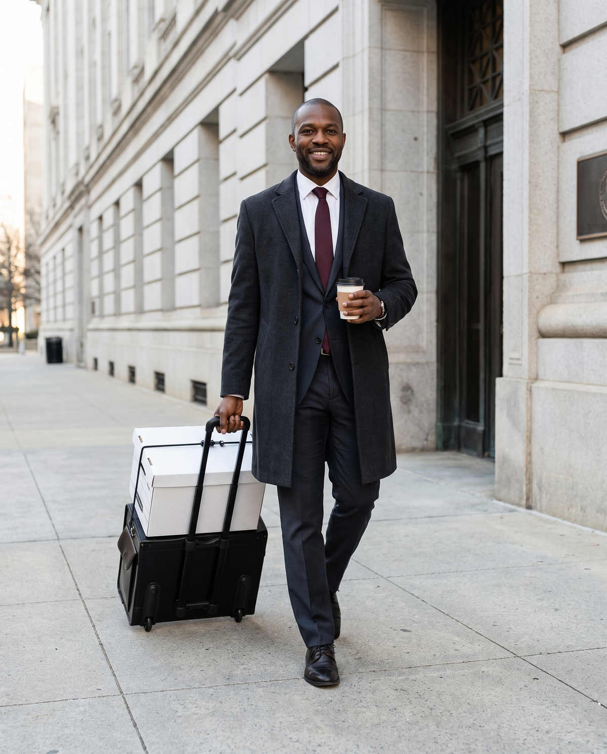 Litigator Wheeled Catalog Case — Black, wheeled to the courthouse by a trial lawyer with a banker's box riding on the lid, braced against the extended handle and secured with a bungee cord
