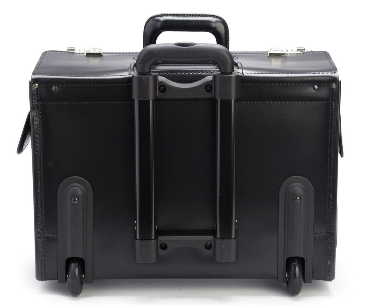 Litigator Wheeled Catalog Case in black — handle and wheels detail