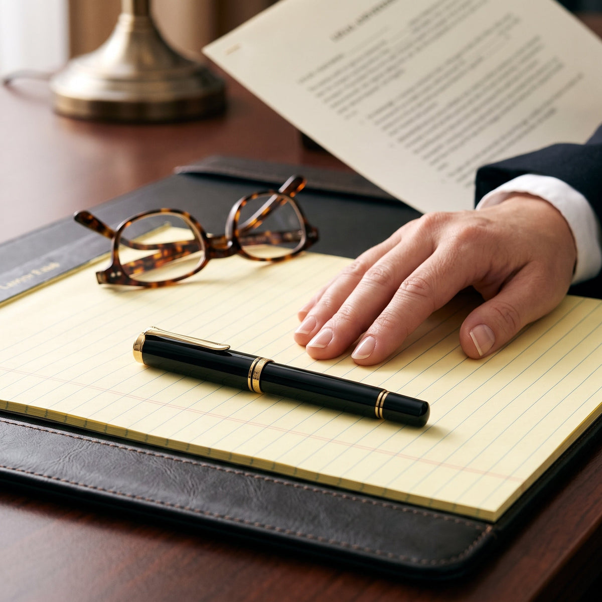 The Pelikan Souveran M1000 fountain pen capped, lying on a yellow legal pad beside folded reading glasses on a lawyer's desk