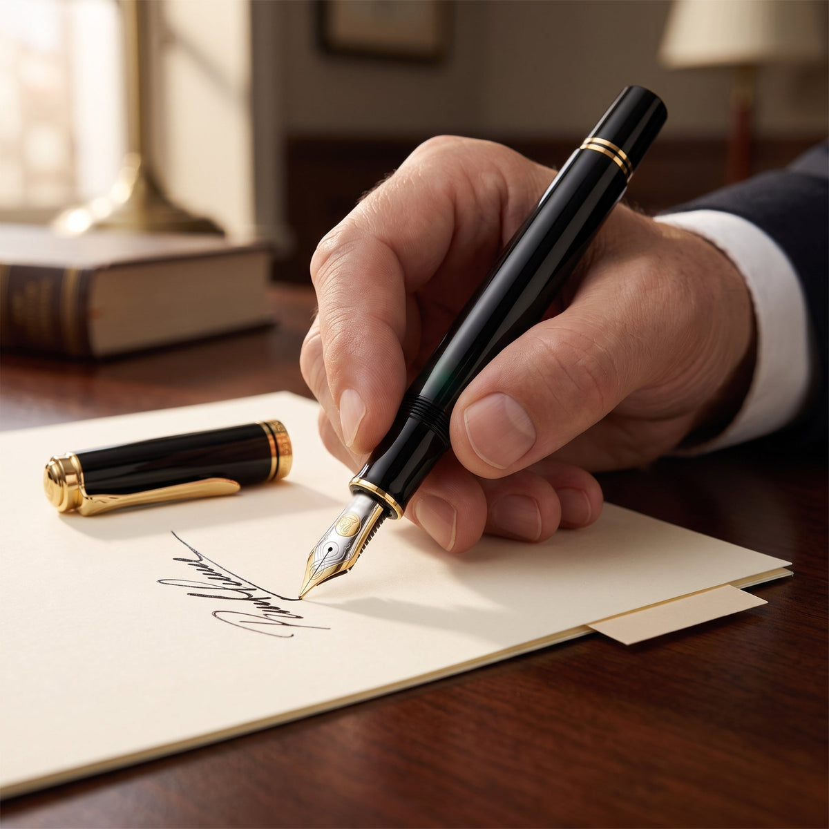 Close-up of the Pelikan Souveran M1000 fountain pen signing a document, showing the two-tone 18-carat gold nib and the cap with its pelican-beak clip resting on the page