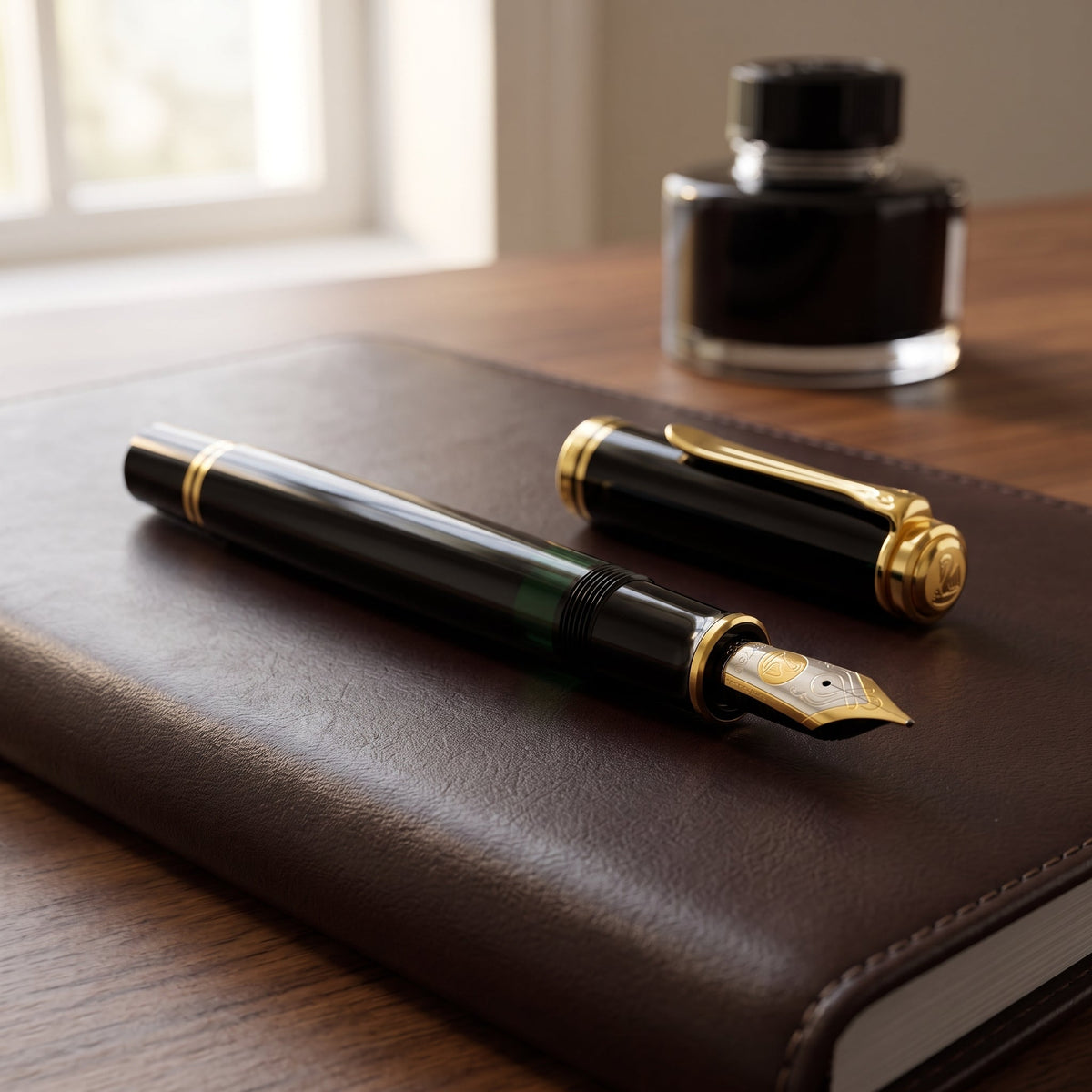 The Pelikan Souverän M800 fountain pen in black uncapped on a brown leather portfolio in morning light, showing the pelican-beak clip, the green ink window and the two-tone 18-carat gold nib, with a bottle of ink behind