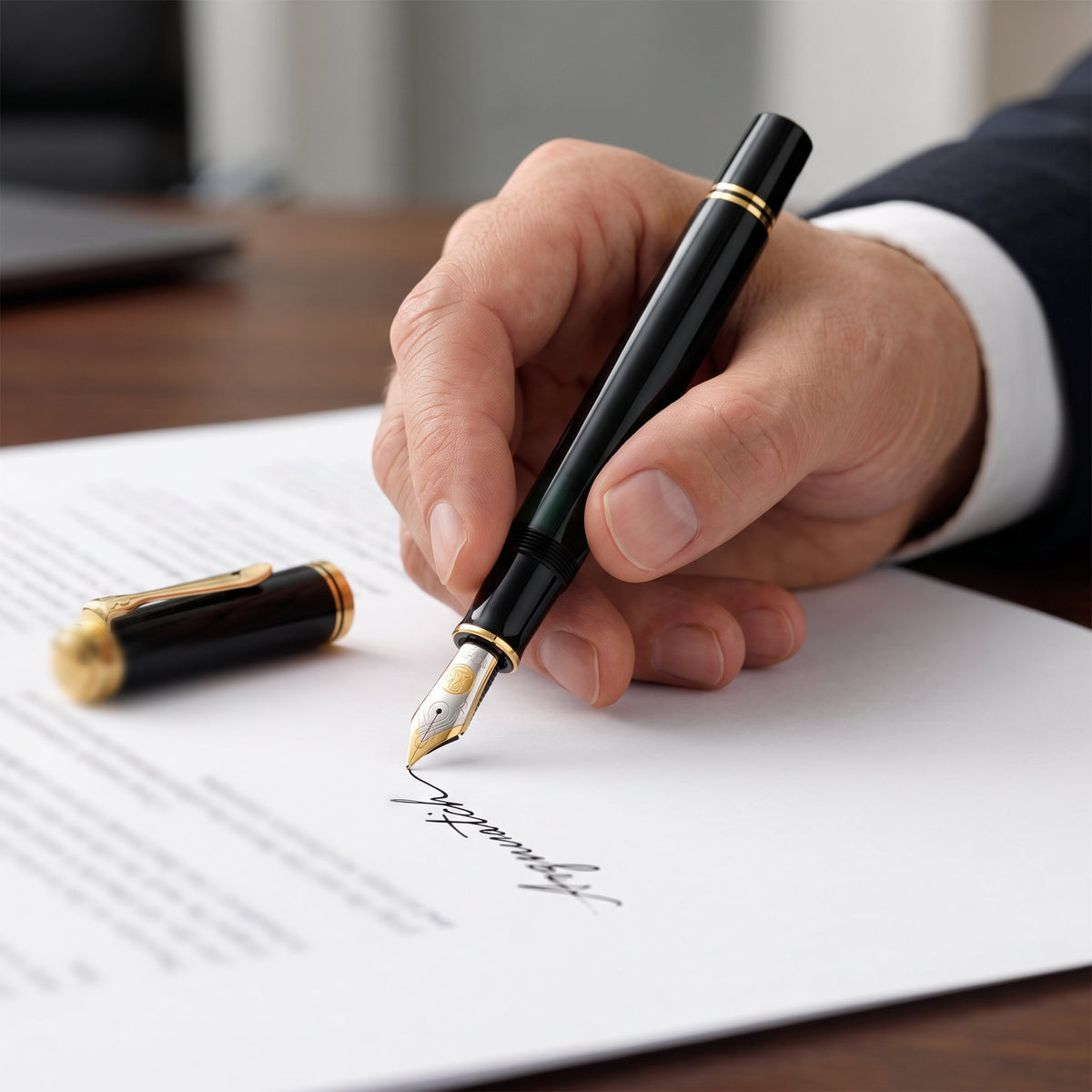 A lawyer in a navy suit signing a document with the Pelikan Souverän M800 fountain pen in black, the two-tone 18-carat gold nib laying down a fine line, with the uncapped cap and its pelican-beak clip resting alongside