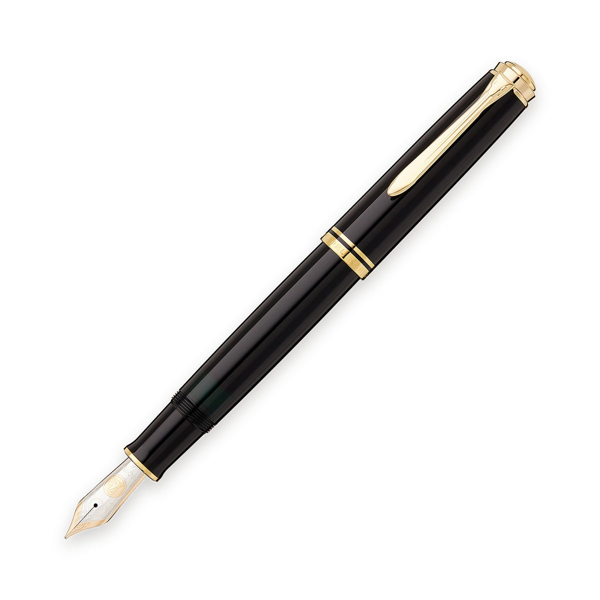 Pelikan Souverän M1000 fountain pen in black with gold trim, shown uncapped at an angle with the two-tone 18-carat gold nib