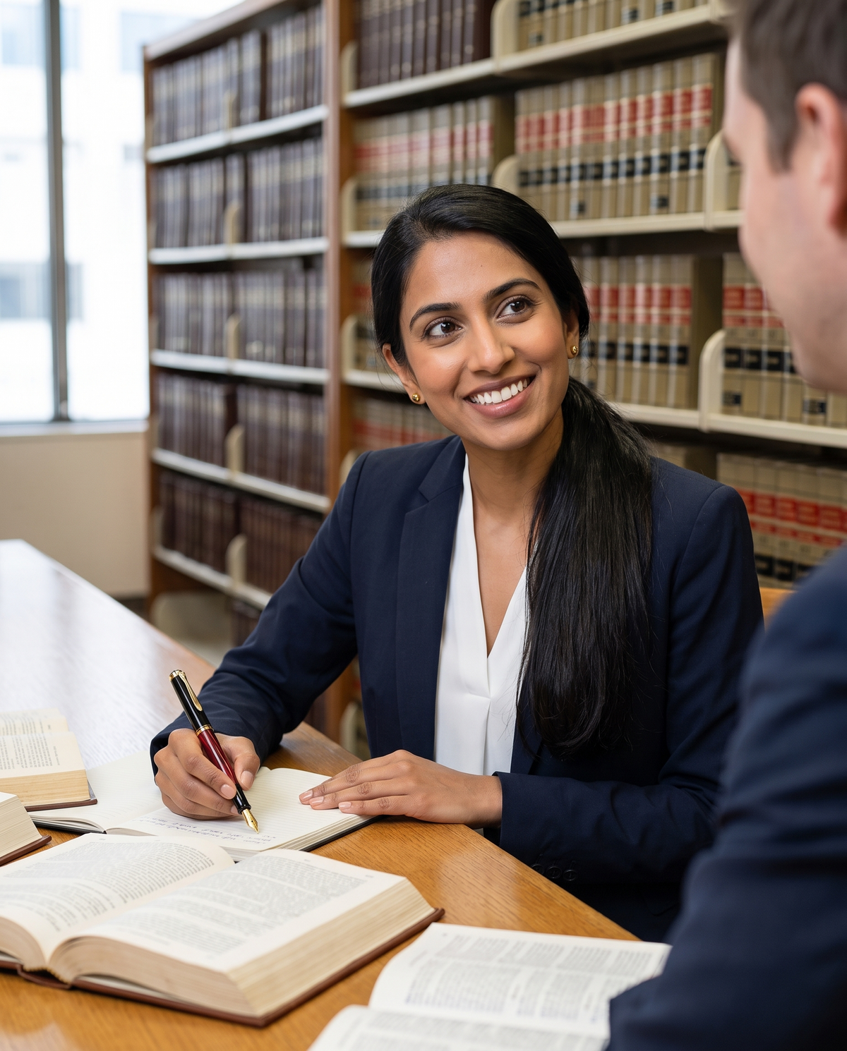 Pelikan M200 Fountain Pen — Marbled Collection: a young woman lawyer in a navy suit takes notes with the red-marbled M200 at an oak table in a law library