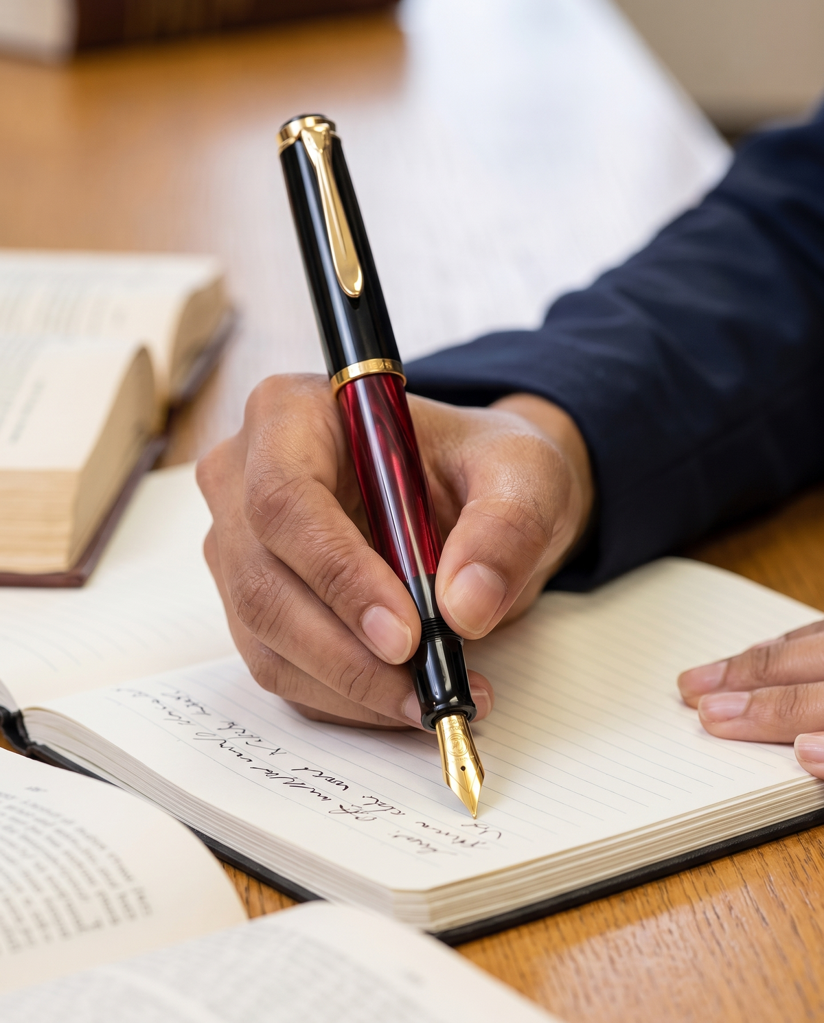 Pelikan M200 Fountain Pen — Marbled Collection: close view of the red-marbled M200 with gold nib writing notes