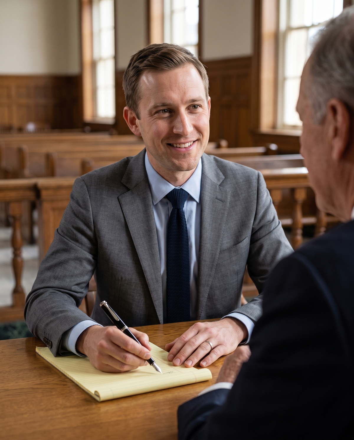 Pelikan P205 Fountain Pen — a young trial lawyer in a grey suit writes on a legal pad at counsel table with the P205, reassuring his client beside him