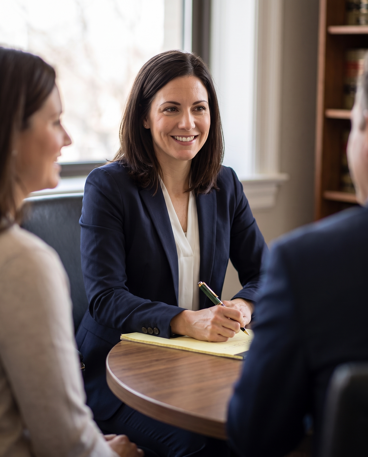Pelikan Souverän K400 Ballpoint — Black-Green: a woman lawyer in a navy suit takes notes with the K400 while meeting clients at a round table