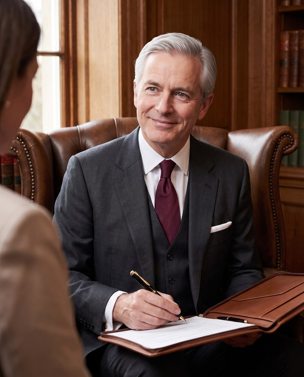 Pelikan Souverän K800 Ballpoint — Black: a senior partner in a charcoal three-piece suit initials a contract with the K800 in his client's wood-panelled office