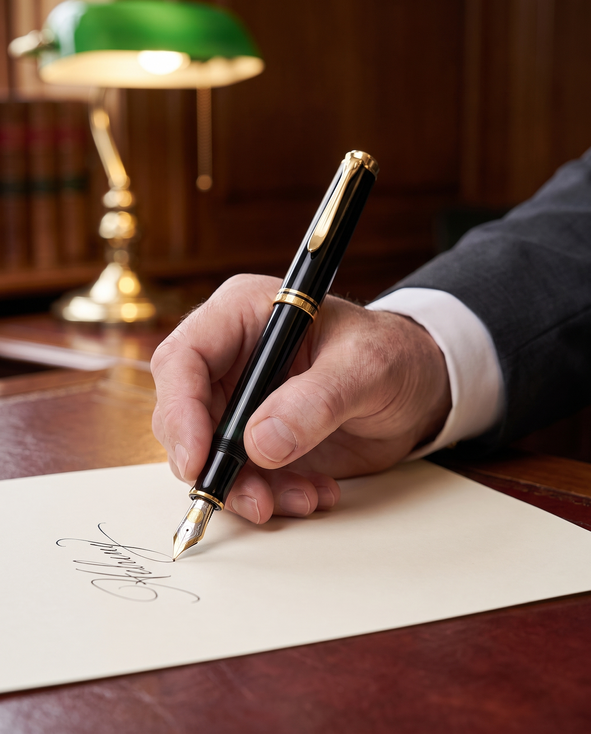 Pelikan Souverän M1000 Fountain Pen — close view of the black M1000 with gold trim and two-tone gold nib signing a document at a mahogany desk
