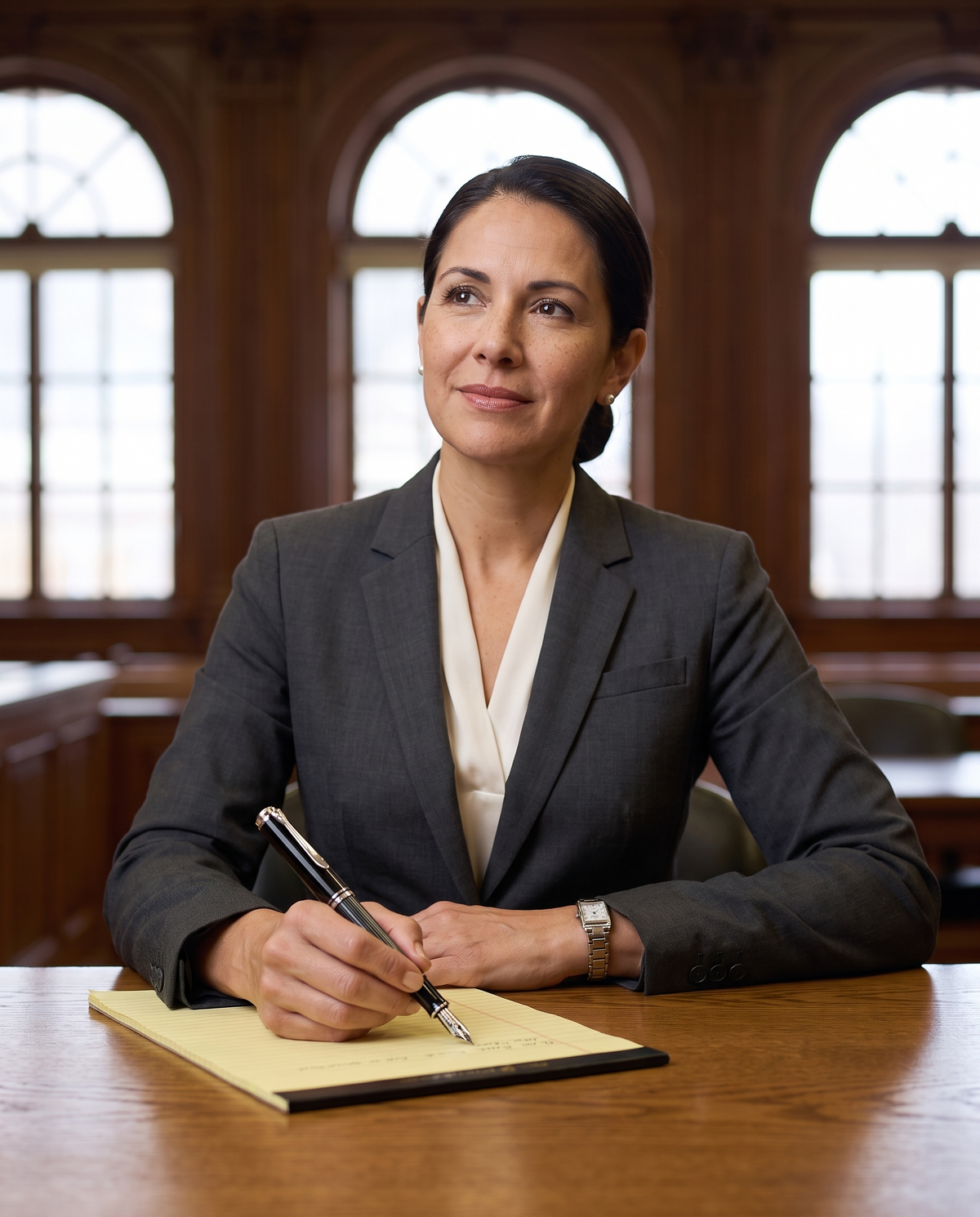 Pelikan Souverän M805 Fountain Pen — Stresemann: a woman trial lawyer in a charcoal suit writes notes at counsel table in a wood-panelled courtroom with the M805, glancing up toward the bench