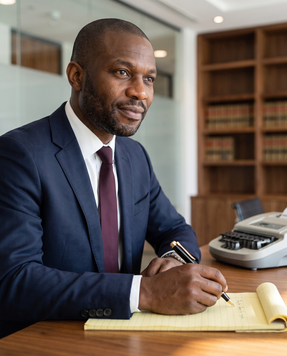 Pelikan Souverän R800 Rollerball — Black: a lawyer in a navy suit takes deposition notes with the R800, eyes on the witness