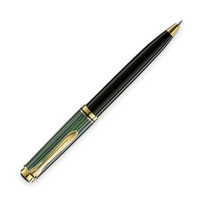 Pelikan Souverän K400 ballpoint in black-green striped cellulose acetate with gold-plated trim, shown full length horizontally with the tip extended