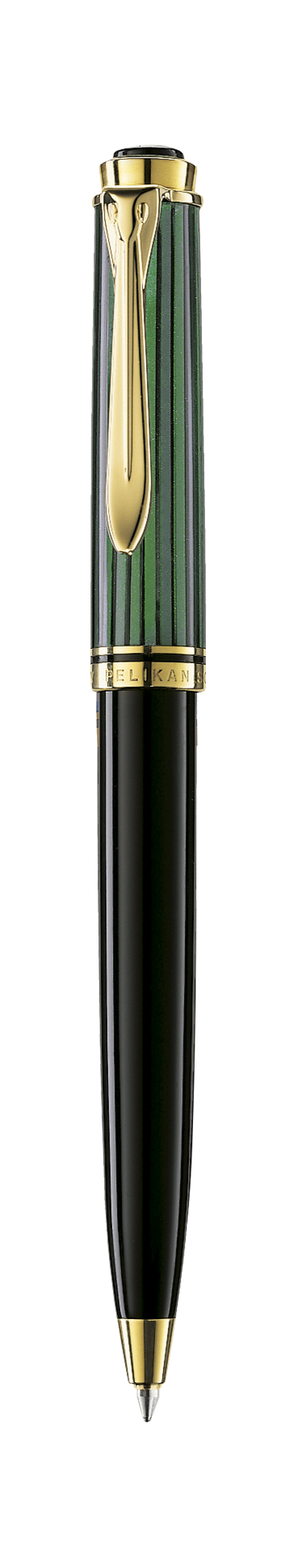 Pelikan Souverän K400 ballpoint in black-green striped cellulose acetate with gold-plated trim, shown upright with the tip extended