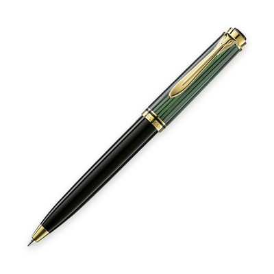 Pelikan Souverän K400 ballpoint in black-green striped cellulose acetate with gold-plated trim, shown upright with the tip extended