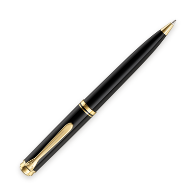 Pelikan Souverän K800 ballpoint in black resin with gold-plated trim, shown full length horizontally with the tip extended