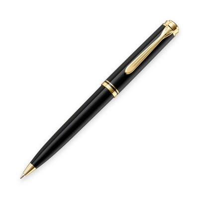 Pelikan Souverän K800 ballpoint in black resin with gold-plated trim, shown upright with the tip extended