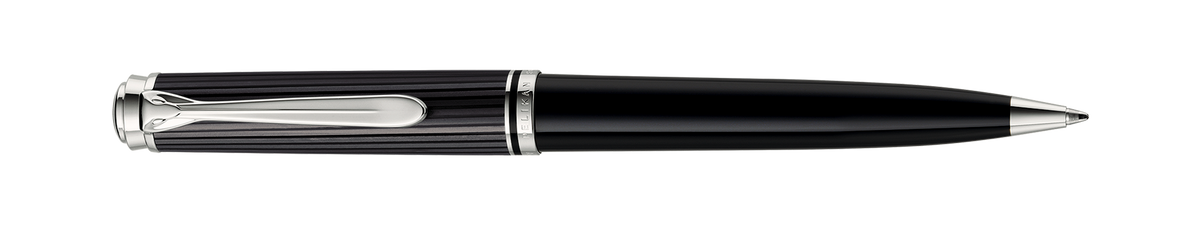 Pelikan Souverän K805 Stresemann ballpoint in anthracite-striped cellulose acetate with palladium-plated trim, shown full length horizontally with the tip extended