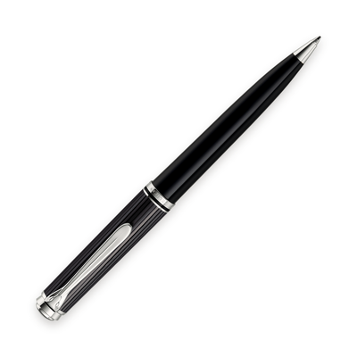 Pelikan Souverän K805 Stresemann ballpoint in anthracite-striped cellulose acetate with palladium-plated trim, shown full length horizontally with the tip extended