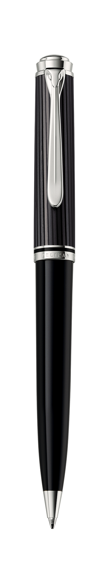 Pelikan Souverän K805 Stresemann ballpoint in anthracite-striped cellulose acetate with palladium-plated trim, shown upright with the tip extended