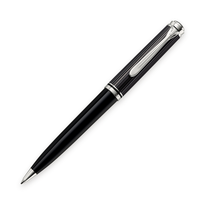 Pelikan Souverän K805 Stresemann ballpoint in anthracite-striped cellulose acetate with palladium-plated trim, shown upright with the tip extended