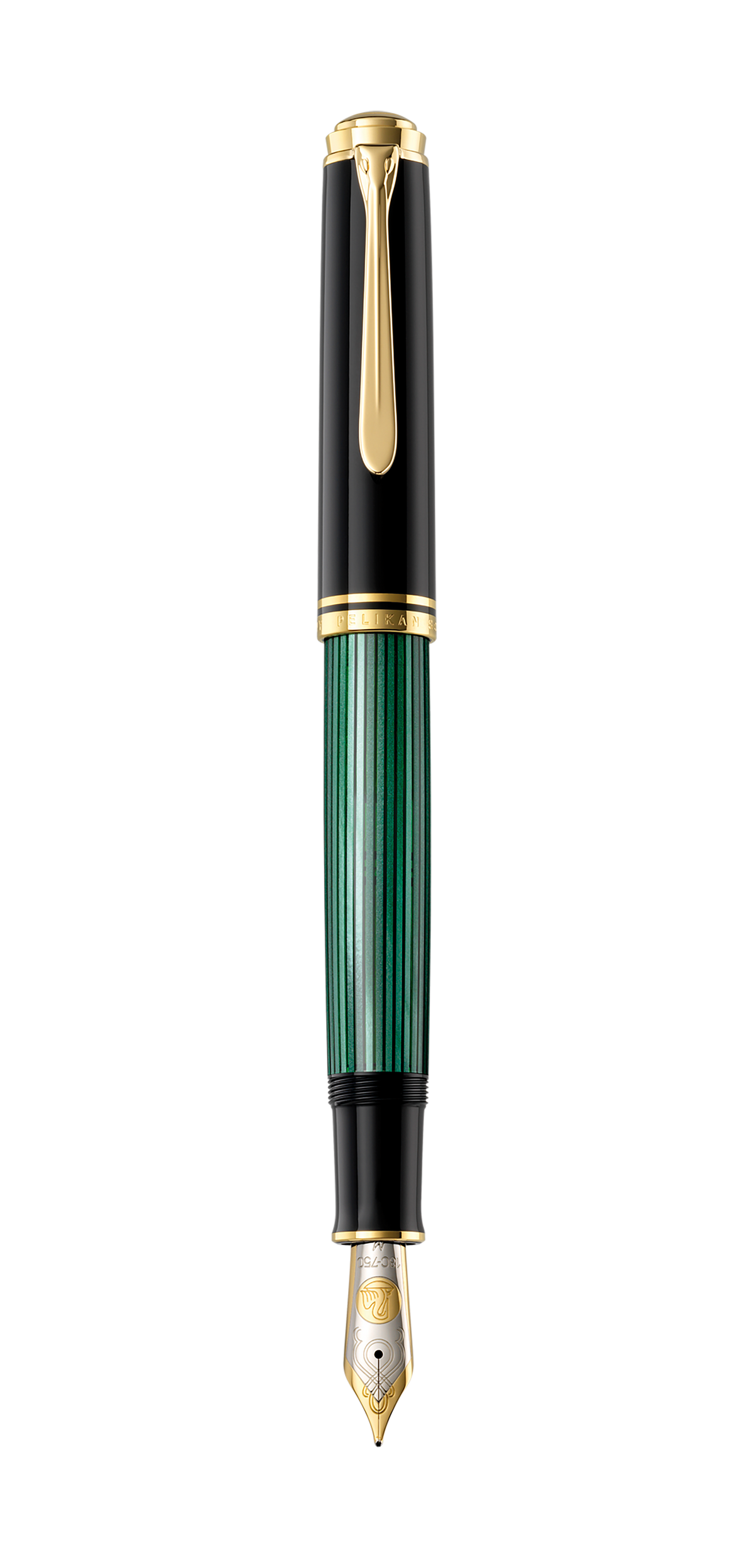 Pelikan Souverän M1000 fountain pen with a black cap and green striped barrel, shown upright and uncapped with the two-tone 18-carat gold nib