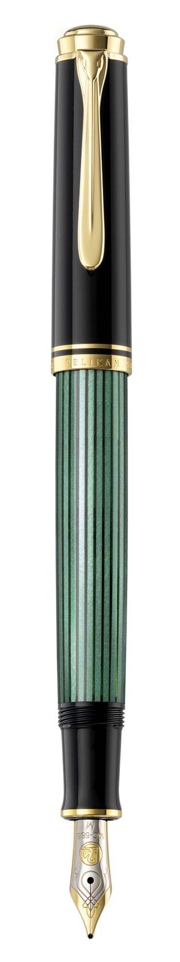 Pelikan Souverän M400 fountain pen in black-green striped cellulose acetate with gold-plated trim, shown upright with the cap posted and the nib exposed