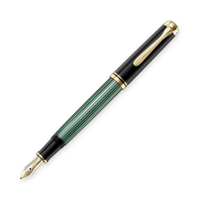 Pelikan Souverän M400 fountain pen in black-green striped cellulose acetate with gold-plated trim, shown upright with the cap posted and the nib exposed