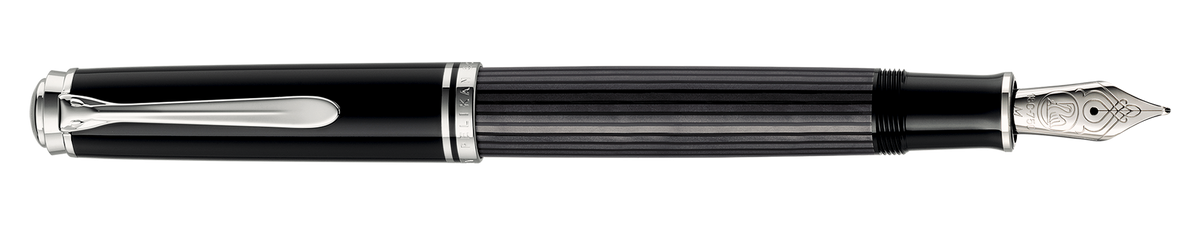 Pelikan Souverän M805 Stresemann fountain pen in anthracite-striped cellulose acetate with palladium-plated trim, shown full length horizontally with the cap posted and the rhodium-plated 18-carat gold nib exposed