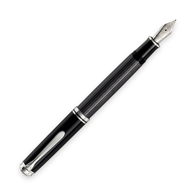 Pelikan Souverän M805 Stresemann fountain pen in anthracite-striped cellulose acetate with palladium-plated trim, shown full length horizontally with the cap posted and the rhodium-plated 18-carat gold nib exposed